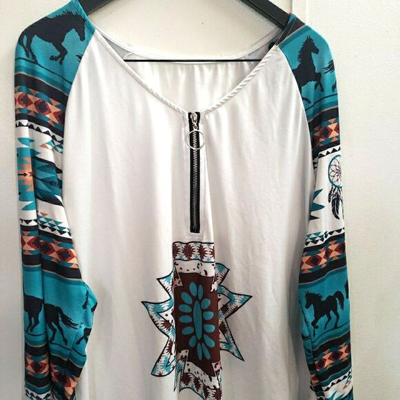 Southwestern Boho Tunic Turquoise Aztec Horse Equestrian V-Neck Long Sleeve 2XL - Picture 2 of 8